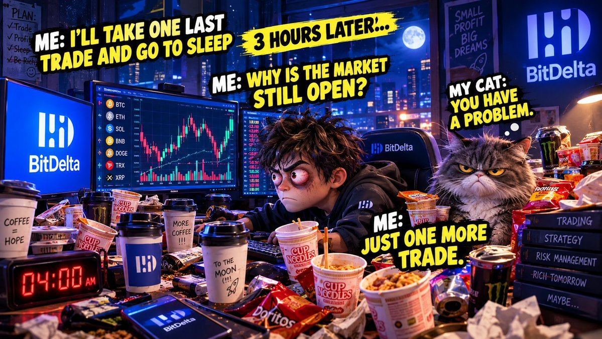 Snekyia's tweet photo. Said it was just one last trade before bed... But ended up glued to the charts until 4 AM. ☕😂

More coffee, heavier eyelids, yet the curiosity about the market just keeps growing. Such is the life of a crypto trader. 

@BitDelta #BitDeltaMemeBattle https://t.co/XTfXHVkttA