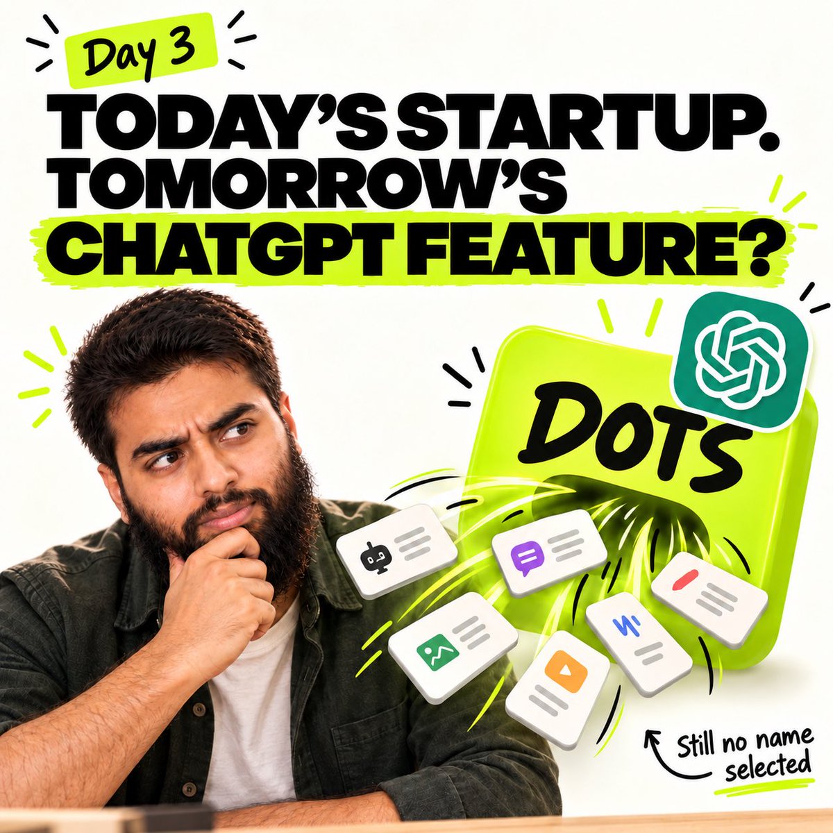dev_maruf's tweet photo. Day 3: If your entire AI startup is a ChatGPT wrapper, Dots might be bad news.

OpenAI’s new Dots can keep working in the background, use their own cloud computer and connect with thousands of apps. 

That is impressive. But also uncomfortable.

Because a lot of products being built today are basically one useful AI feature wrapped inside a dashboard.

Then OpenAI ships an update.
And suddenly that “startup” becomes a button.

I think the next few years will punish products that only compete on features.

The harder thing to copy will be understanding a specific customer and knowing how to reach them.

So maybe the question is no longer: “What can we build with AI?”

Maybe it is: “Why will anyone choose us when AI can build almost anything?”

Day 3. Still no name selected. But we finalized our new brand colour: lime green.

Day 4 is next…
Follow the journey if you want to know how we are growing from 0. 

#buildinpublic