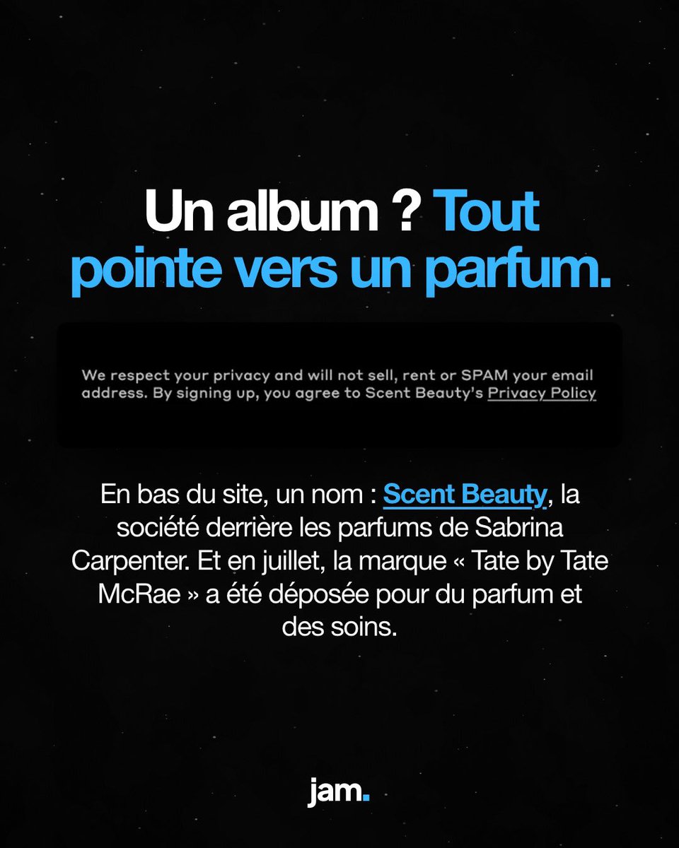 jamapp_fr's tweet photo. Franchement, j'étais persuadé que c'était un album.

Nouveau compte, site avec juste « coming soon »… sauf qu'en bas de la page il y a le nom de la société qui fait les parfums de Sabrina Carpenter. Rien d'officiel pour l'instant, réponse demain.

Vous pariez sur quoi, vous ? Album ou parfum ? 👇

#tatemcrae #tate01 #tatebytm #sabrinacarpenter