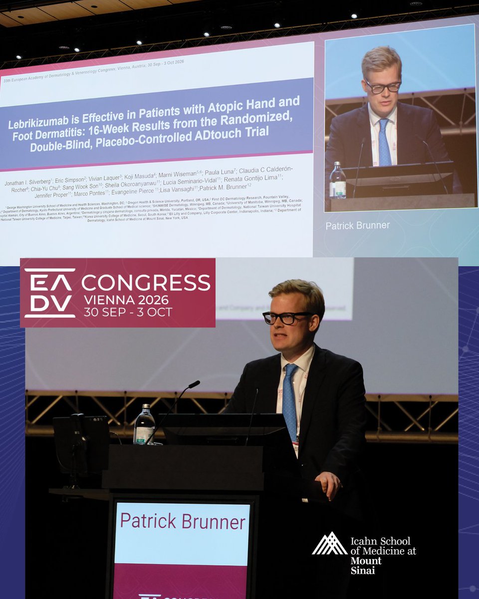 MSHSDerm's tweet photo. Dr. Patrick Brunner, presented 2nd of 5(!) of our late breakers @ EADV Congress 2026 #Vienna — “Lebrikizumab is Effective in Pts. w- Atopic Hand &amp; Foot Dermatitis: 16-Week Results from the Randomized, Double-Blind, Placebo-Controlled ADTouch Trial” @EmmaGuttman @IcahnMountSinai https://t.co/HEPA2pz0cD