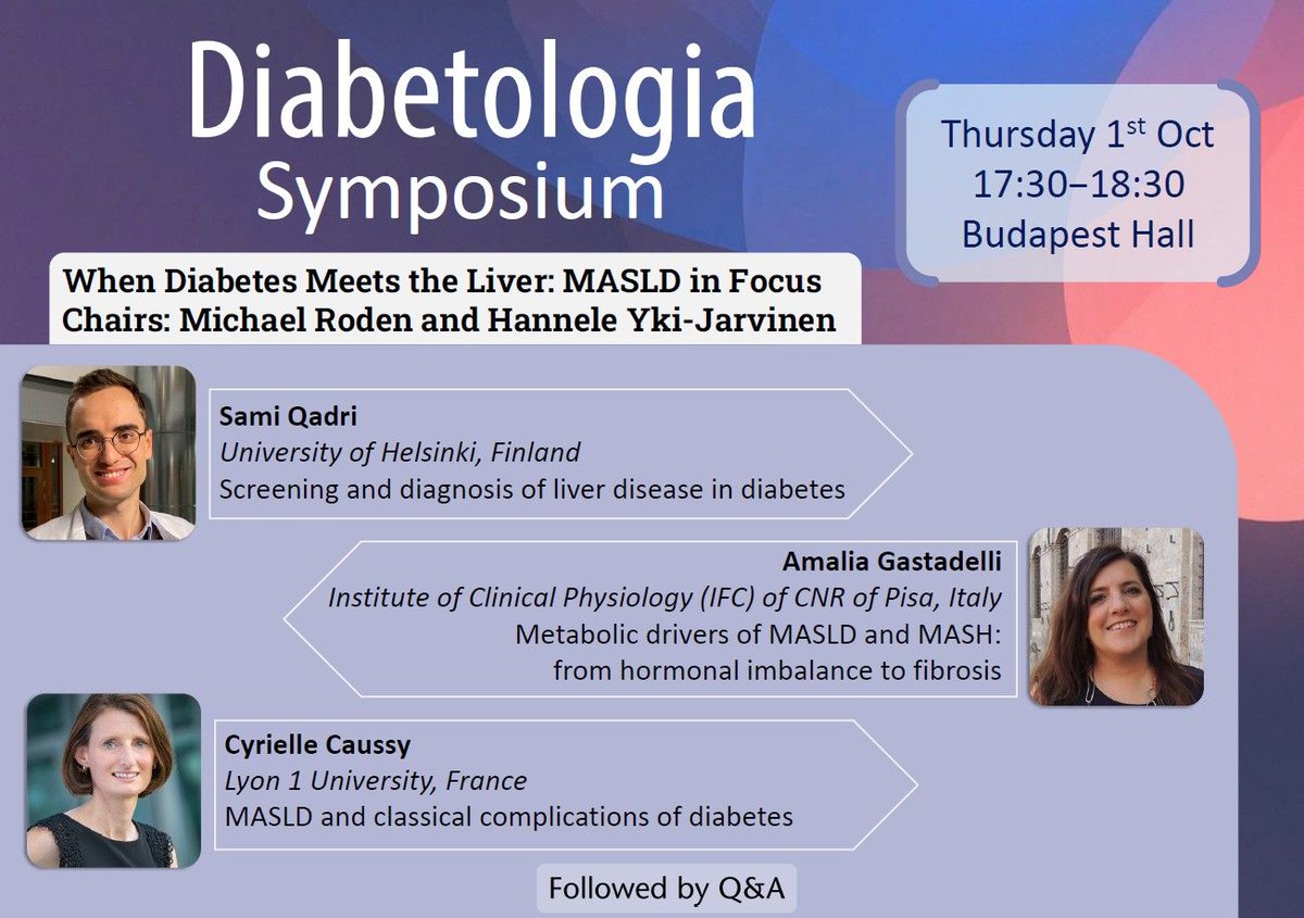 DiabetologiaJnl's tweet photo. Don’t miss our #EASD2026 symposium tomorrow: When Diabetes Meets the Liver: MASLD in Focus Thurs 1 Oct 17.30-18.30 Budapest Hall. Chairs Michael Roden & Hannele Yki-Jarvinen, with Sami Qadri, Amalia Gastaldelli & Cyrielle Caussy. #liverdisease #liver #MASH #MASLD #diabetes https://t.co/X5nzAJfQax