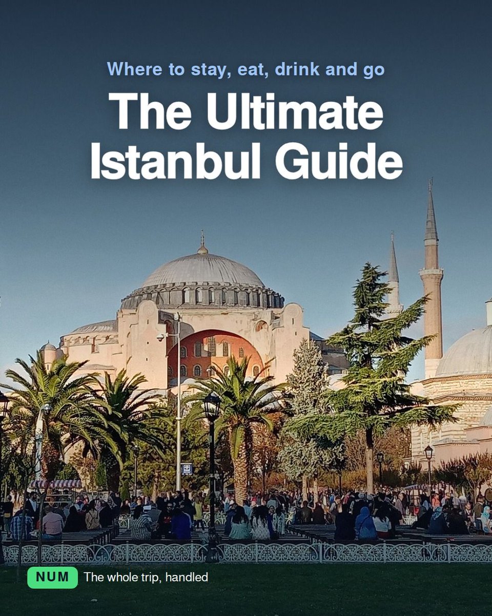 harroitsnum's tweet photo. The Ultimate Istanbul Guide, saved in one place.

Stay, eat, do, drinks. Every spot open and bookable as of Sep 2026.

Tell NUM the dates and the chat plans the rest.

#Istanbul #IstanbulTravel #TravelPlanning #NUM https://t.co/D9pLJk6OmJ