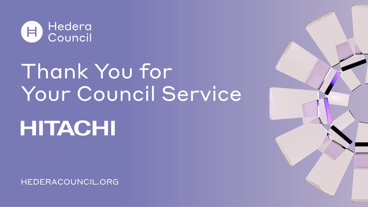 hedera's tweet photo. Effective September 30th, @Hitachi will complete its service on Hedera Council, a role it has held since 2024. The Council is deeply grateful for their contributions and the expertise they brought to the governance of the Hedera network. https://t.co/DRVItZGpTr