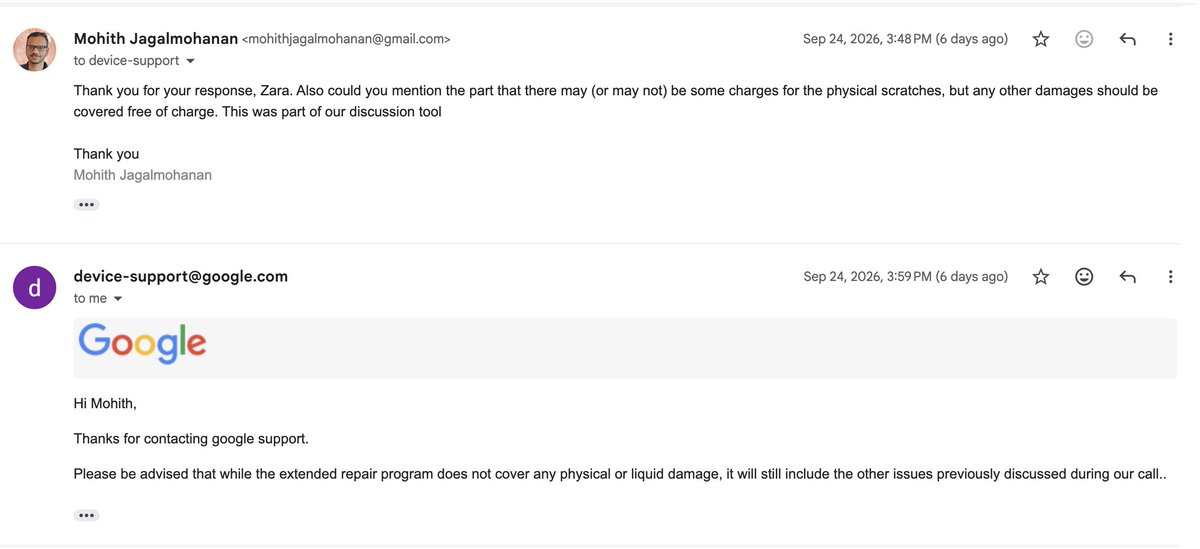 MohithJagal's tweet photo. Extremely disappointed with @MadeByGoogle @GoogleIndia. My Pixel 9 Pro Fold suffered a spontaneous failure. Support admitted in writing that the screen/camera failure IS covered under the Extended Repair Program.
However, they are denying me this service #teampixel #googleindia https://t.co/des4Xe4Vet