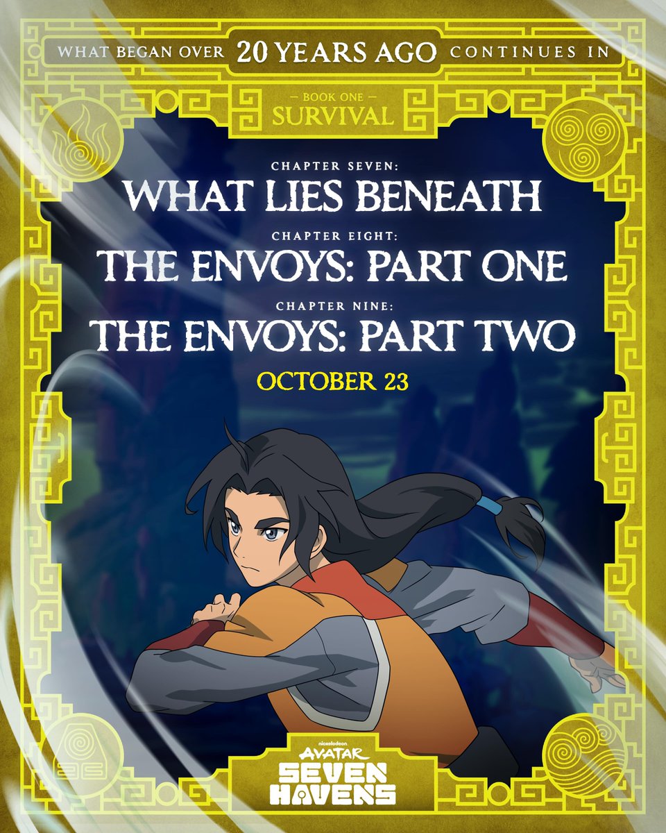 AvatarverseTV's tweet photo. The seventh, eighth and ninth episode titles for Avatar: Seven Havens have just dropped!

Chapter 7 - "What Lies Beneath"
Chapter 8 - "The Envoys: Part One"
Chapter 9 - "The Envoys: Part Two" https://t.co/ujZdgI6Vzu