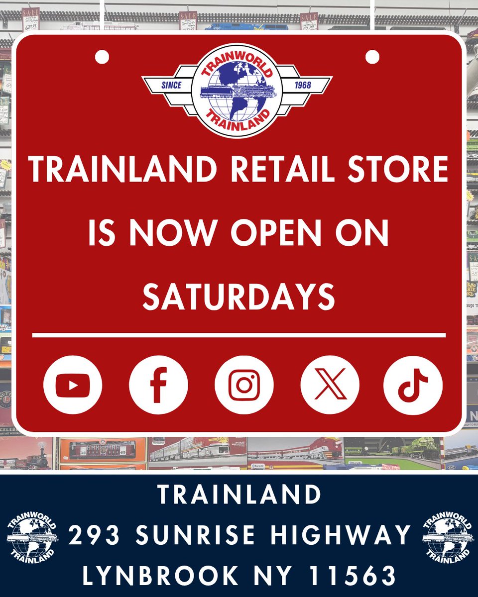 Trainworld's tweet photo. TrainLand Now Open Saturdays! 🚂

Our flagship retail store will now be open on Saturdays - Stop in and shop away! 🛒

📍 TrainLand - 293 Sunrise Highway, Lynbrook NY 11563

Shop Online: https://t.co/1RAdwL6qNr 🛒

#trains #train #modeltrain #modelrailroad #railfans #railfans_of_instagram #railfanning #trainworld #trainland #modeltrains #railroad #locomotive #saturdays