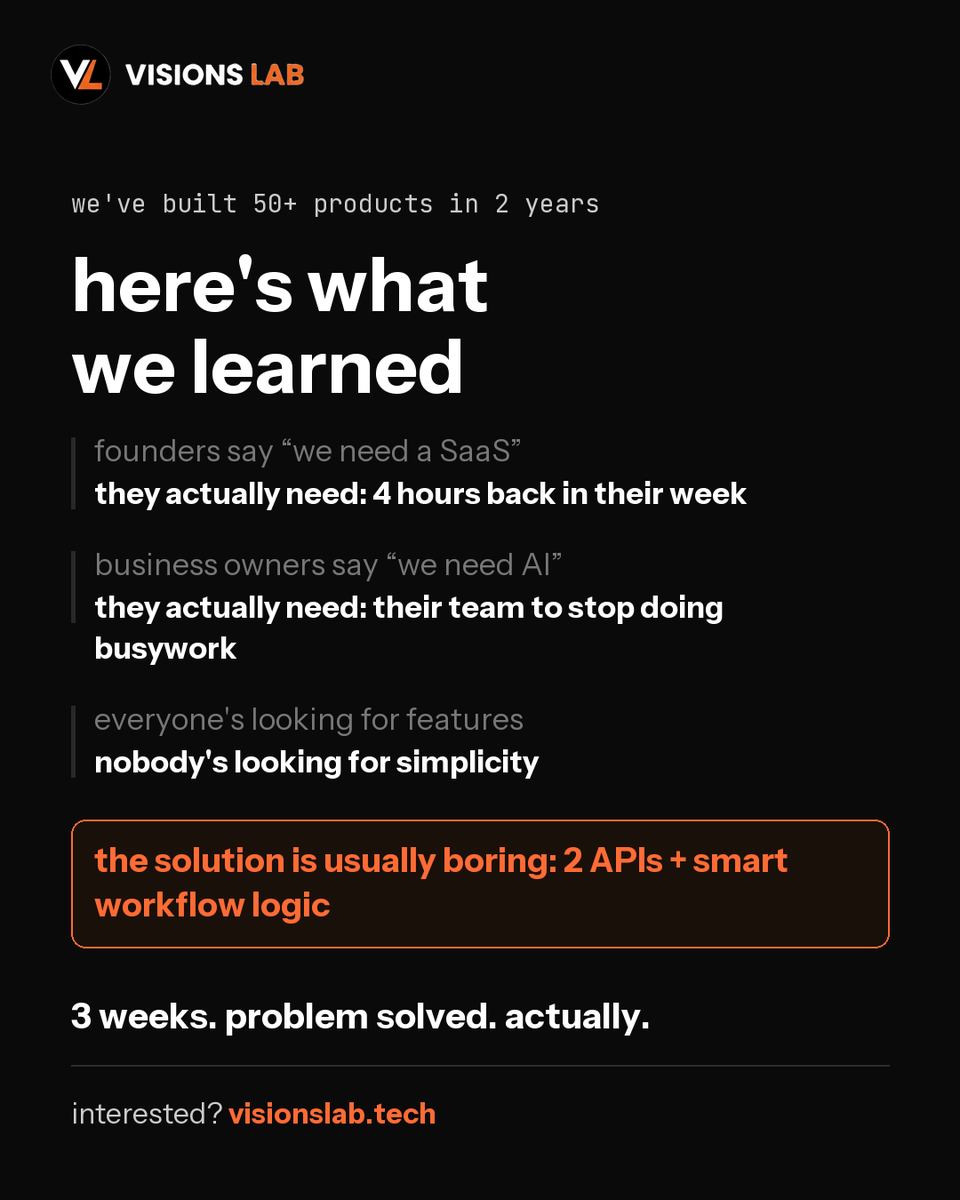 visionslabtech's tweet photo. Your team is probably wasting 40+ hours/week on repetitive work.

We automated it for a client in 3 weeks.

Now they're focused on growth instead of busywork.

That's the difference.

#Automation #SaaS #Startups #BusinessGrowth #BuildInPublic https://t.co/jExXgseZRv