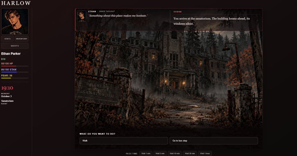 HarlowTheGame's tweet photo. A little look at what we’ve been working on. 👀

Harlow is slowly coming to life.

We’ve been working on exploration, locations, the inventory system, player stats, and plenty of the smaller details that make the town feel like a real place.

Everything you see here is still early development and subject to change, but we wanted to share a few screenshots of how Harlow: 1982 is shaping up.

And yes… you can visit the sanatorium.
Whether you should is another question. 🪓

Harlow: 1982
Currently in development. 📼🎃
#indiedev #game #horror #slasher #halloween #october #games #videogames #horrorgame #gamedev #developer #fyp