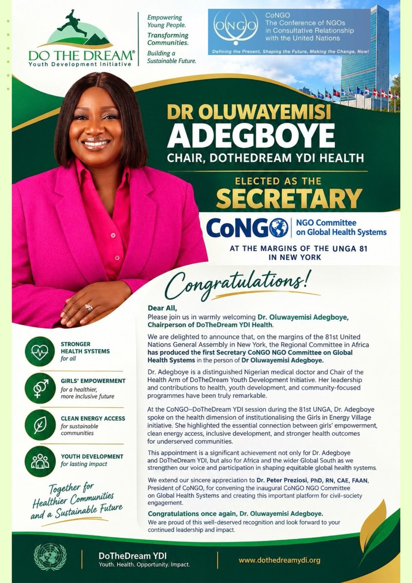 womeninGH's tweet photo. Congratulations, Dr. Oluwayemisi Adegboye! 🎉

She has been elected the first secretary of the CoNGO NGO Committee on Global Health Systems, on the margins of UNGA 81.

This is a stronger voice for Africa and the Global South in global health.

#WomenInGlobalHealth #UNGA81 https://t.co/65TzFPiaeA