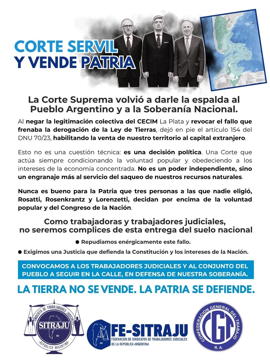 Sitraju_'s tweet photo. Corte servil y vende Patria

La Corte Suprema volvió a darle la espalda al pueblo argentino: avaló la derogación de la Ley de Tierras y dejó en pie el art. 154 del DNU 70/23, habilitando la venta de nuestro territorio al capital extranjero.

Como judiciales, repudiamos este fallo https://t.co/qa7mrbO5m5