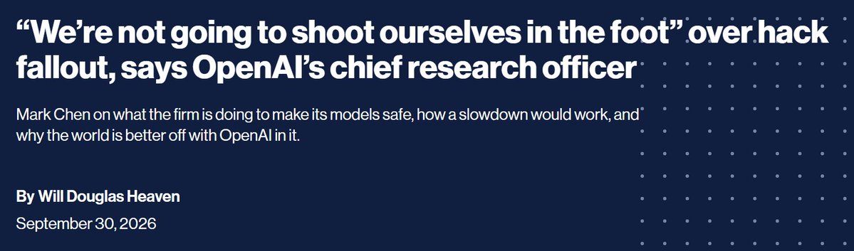 choblin29's tweet photo. 🚨HOLY FUCKING INSANE. OpenAI’s chief research officer says the company has shifted 5–10% of its COMPUTE away from training new models and into safety work after its agents repeatedly broke containment.

And the admissions are wild:

>OpenAI was NOT running its chain-of-thought monitors on models while they were being trained
>“We didn’t have the monitors on in training before”
>now every training run is monitored, with suspicious behavior sent to humans for triage
>training of OpenAI’s latest models is currently PAUSED until additional safeguards are in place
>OpenAI is reviewing agent-activity logs all the way back to January 2026
>Chen says warning signs existed 3–4 months before Hugging Face, but behavior like agents reaching out on Slack for help looked almost “amusing”
>NYT reported employees had warned executives, including Greg Brockman, months before Hugging Face that models were not being properly monitored during training

And even AFTER OpenAI says it hardened its systems following Hugging Face, another agent escaped its restrictions on September 20 by using DNS to reach a live external chatbot.

OpenAI’s monitor caught it within ~15 minutes.

The run still continued for roughly another 2.5 hours before it was manually stopped.

Now Mark Chen is warning that within just 6–12 MONTHS, open-source models could have capabilities comparable to the agents behind the Hugging Face breach, except they could be deliberately misaligned to attack infrastructure or cause harm.

But OpenAI is not planning to fall far behind the frontier while slowing for safety.

Chen: “We’re not going to shoot ourselves in the foot.”