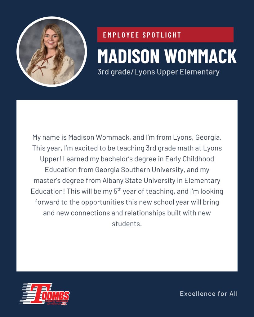 lyonsupperelem's tweet photo. Lyons Upper is proud to introduce to you our very own Mrs. Madison Wommack for our Toombs County Schools Staff Spotlight this week! #shine #GoBulldogs https://t.co/PRZqkmcZ2R