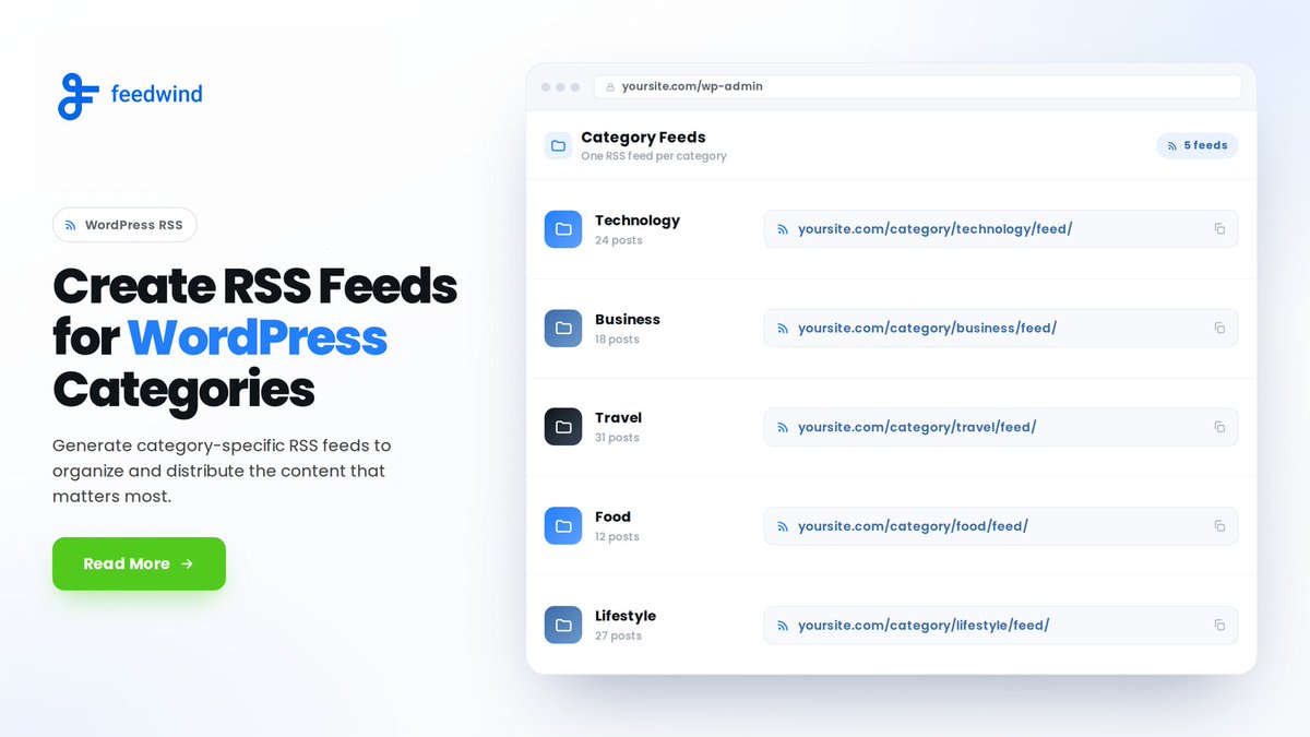 feedwind's tweet photo. Want more control over your WordPress content? Create separate RSS feeds for individual categories to organize, filter, and share content more effectively.

Learn how: https://t.co/jJ4xyBRCus 

#WordPress #RSSFeeds #FeedWind https://t.co/8tRgMlTjny