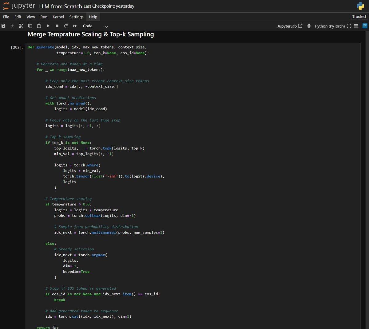 shoupxx's tweet photo. Day 120 —> Becoming an AI Engineer

Temp. Scaling &amp; Top-K Sampling for LLM generation.

Temperature → controls randomness
Top-K → limits candidate tokens

Insight: Decoding doesn’t change what the model knows—it controls how that knowledge is sampled into text

#LLM #GenAI #DL https://t.co/ZnipNBF4yD