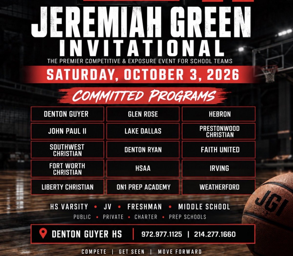 tpt_recruits's tweet photo. JGI THIS SATURDAY at Denton Guyer HS OCT 3rd 🔥

Schedule is live at https://t.co/iG1J5JOrst

Media coverage. Scouting services. Quality competition. Great facility.

Strong environment for Boys and Girls school teams and players to compete, get evaluated, and prepare https://t.co/gxqXVtoSc7