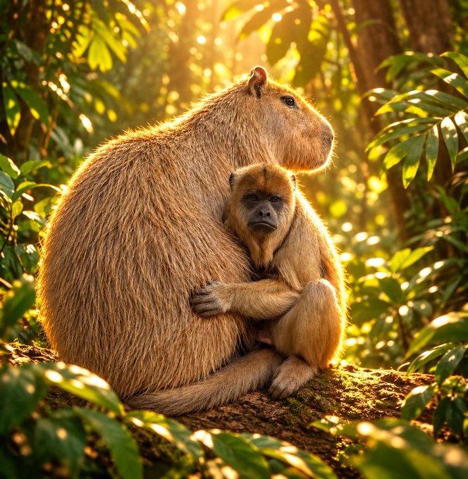 wander4r's tweet photo. This monkey got moved to Denver Zoo 

and met a capybara named Rebecca and basically decided, “Yes. This one. I like this one.”

and now it doesn't leave her side and cuddles with her?

this is literally like punch but with an actual animal??

tweet:

https://t.co/Go7nP9aWvS https://t.co/xhvejQvH3O