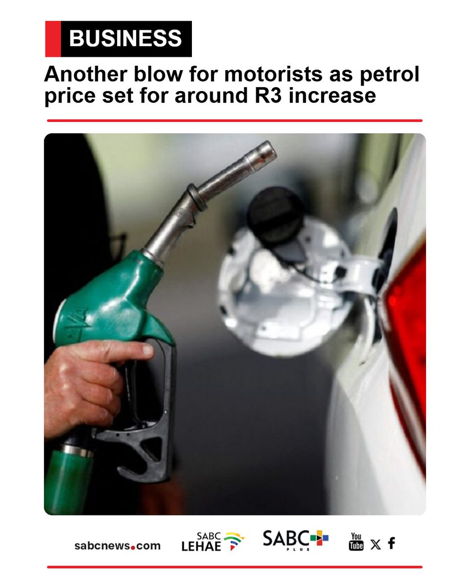 SABCNews's tweet photo. South African motorists are facing another major blow at the pumps, with petrol prices potentially rising by around R3 a litre next week. https://t.co/C4kbTLo8BT https://t.co/TJzE3pzgYe