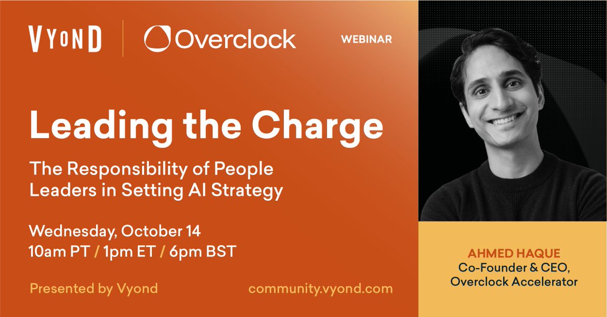 Vyond's tweet photo. AI is changing the job of People leaders.

Join Ahmed Haque, CEO of Overclock Accelerator, Oct. 14 to learn how to spot AI skill gaps, build the competencies your team needs, and make the case for a people-first AI strategy.

Register now: https://t.co/5wAsBpDElk https://t.co/vrYriP0mSv