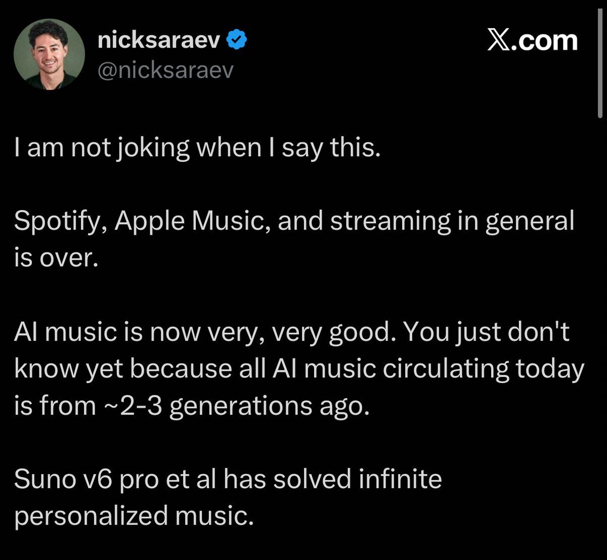 its_adamneely's tweet photo. The end game for commercial genAI music is to create an infinite stream of personalized music. People who use Suno only listen to their own creations, and stop engaging with music off-platform. Total alienation from shared culture. https://t.co/XGNLmRIG9a