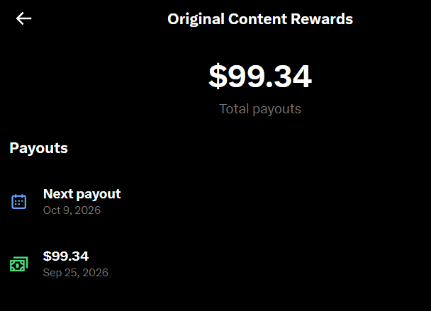 A mobile app screen displaying 'Original Content Rewards' with a total payout of $99.34, showing the next payout scheduled for Oct 9, 2026 and a recent payout of $99.34 from Sep 25, 2026.