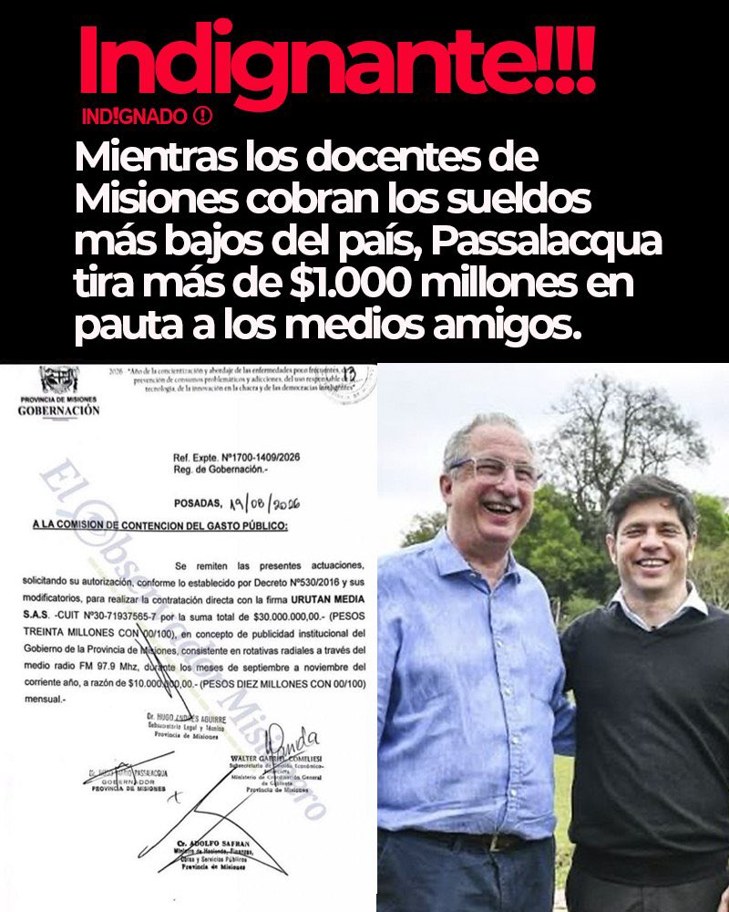 indignadoxd's tweet photo. ¡INDIGNANTE! Passalacqua dando cifras millonarias en pauta a los amigos. En Misiones primero se paga la pauta, después se mira si el maestro llega a fin de mes. Prioridades de un gobierno que cuida más al micrófono que al aula. https://t.co/DYOkBLDwY1