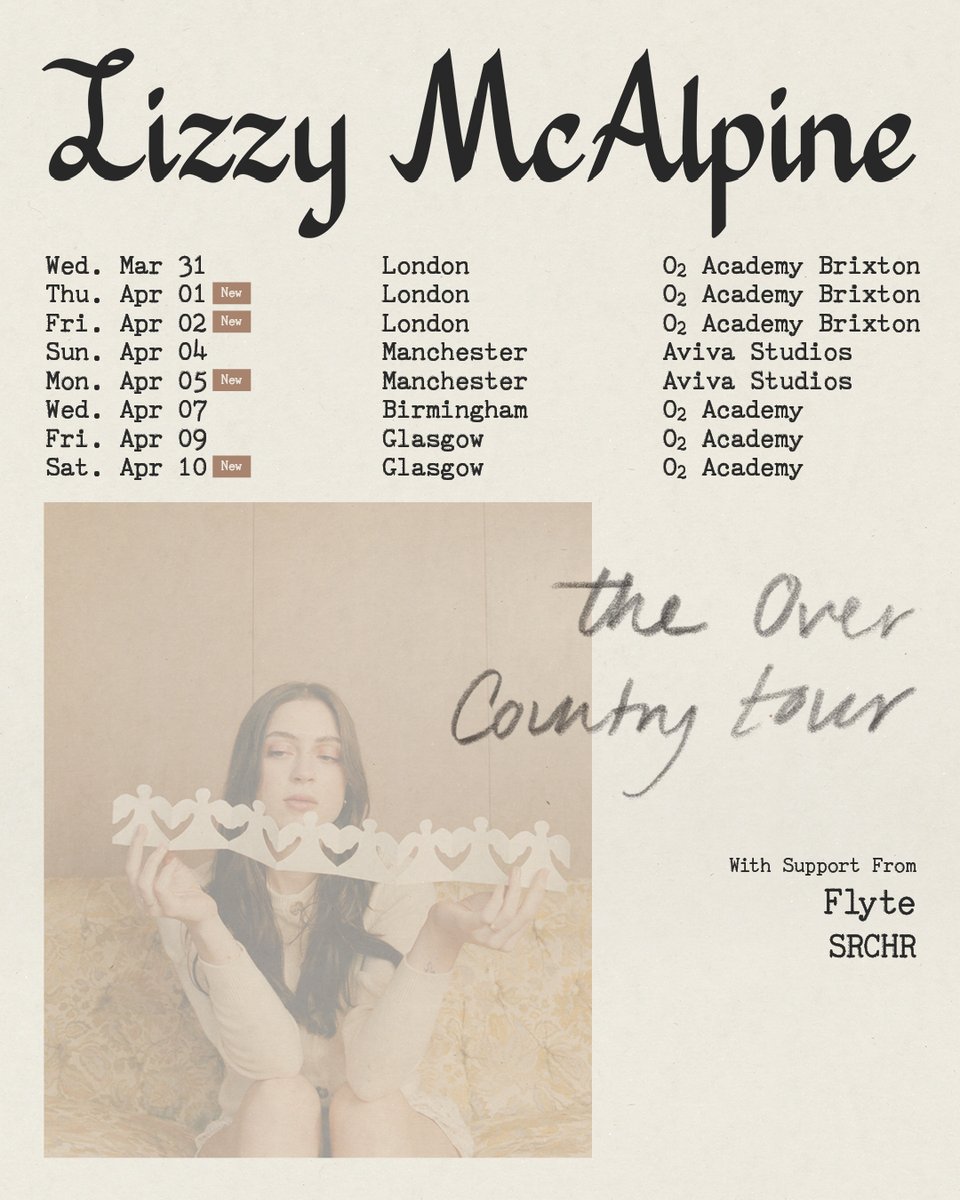 stereoboard's tweet photo. EXTRA // Due to massive pre-sale demand, @LizzyMcAlpine has added a THIRD night at the @O2AcademyBrix and second shows in Glasgow and Manchester to The Over Country Tour in 2027!  

Tickets won't stick around, so be quick! ALL dates go on sale here 👇 10am Friday https://t.co/WKWSalxsR5