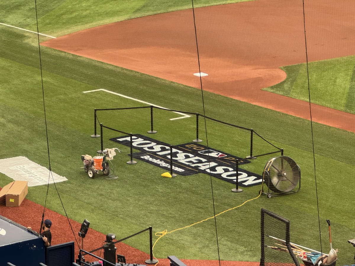 TBTimes_Rays's tweet photo. Postseason logos are on the field at Trop. #Rays having workout today and media availability. https://t.co/nZ0Wx3l2Tw