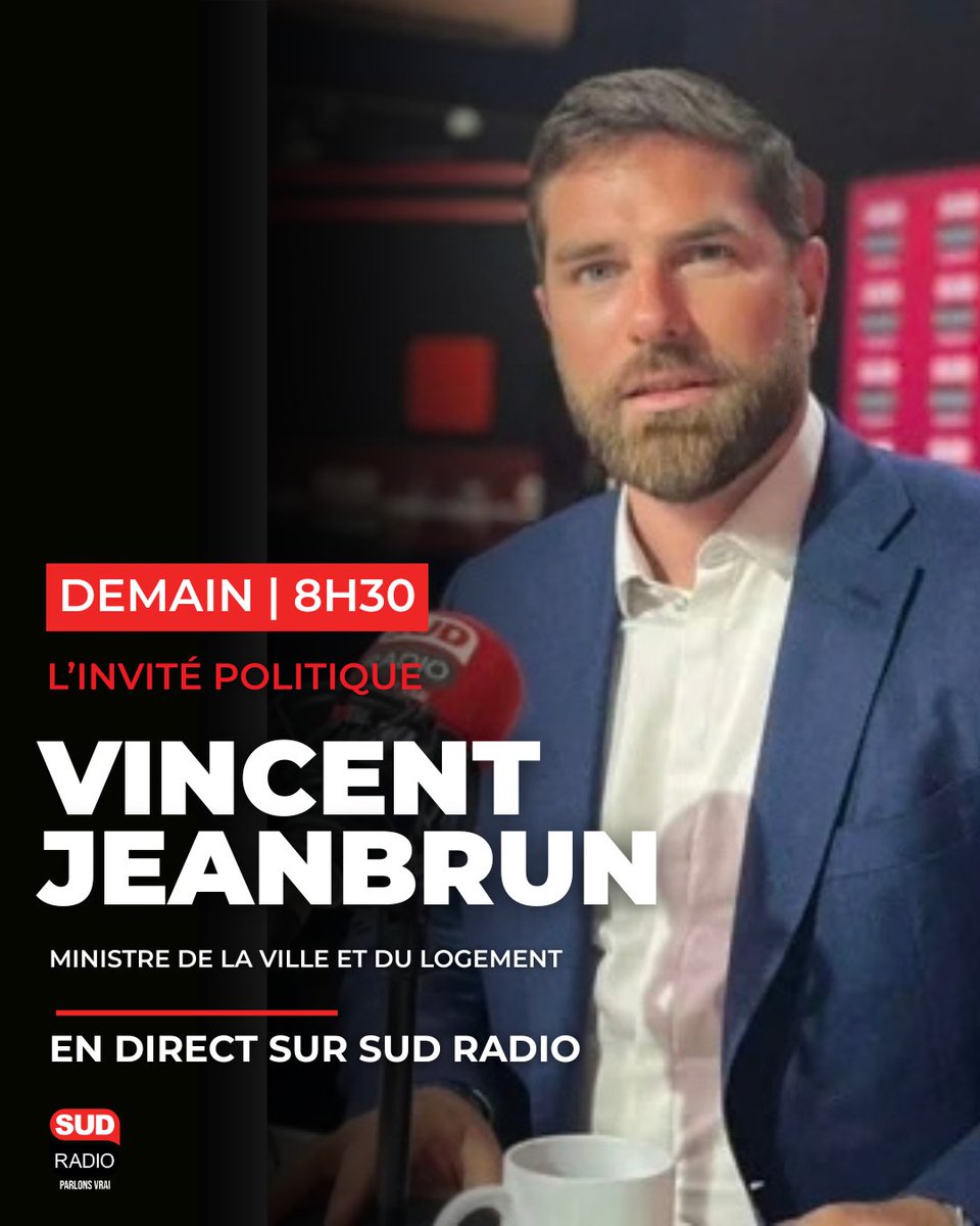 SudRadio's tweet photo. 🎙️ @VincentJeanbrun , Ministre de la Ville et du Logement, sera demain l'invité de Sud Radio, de 8h30 à 9h, au micro de @JacquesCardoze

❓ Vous voulez poser une question à notre invité ? RDV en commentaire ou sur le répondeur au 0 826 300 300 https://t.co/tePzSASNyt
