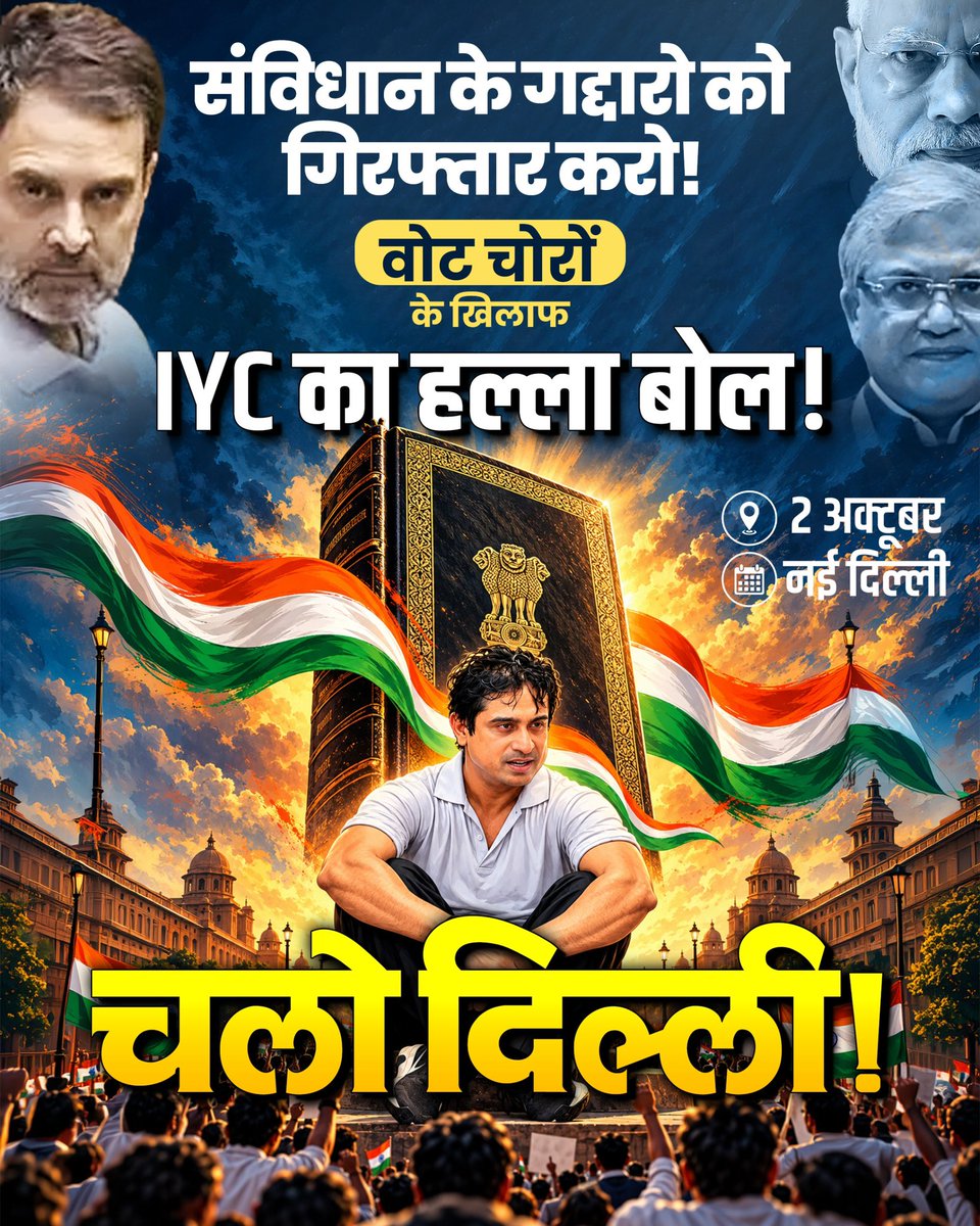 IYC's tweet photo. जिस संविधान ने हर नागरिक को वोट का अधिकार दिया,
उसे बचाने के लिए सड़कों पर उतरने का वक्त आ चुका है! 🇮🇳

वोट चोरी के खिलाफ़ और CEC ज्ञानेश गद्दार की गिरफ्तारी की मांग के साथ, IYC अध्यक्ष @UdayBhanuIYC जी के नेतृत्व में भारतीय युवा कांग्रेस का हल्ला बोल विरोध प्रदर्शन! 🔥

🗓️ 2 अक्टूबर | 📍चलो दिल्ली! 👊