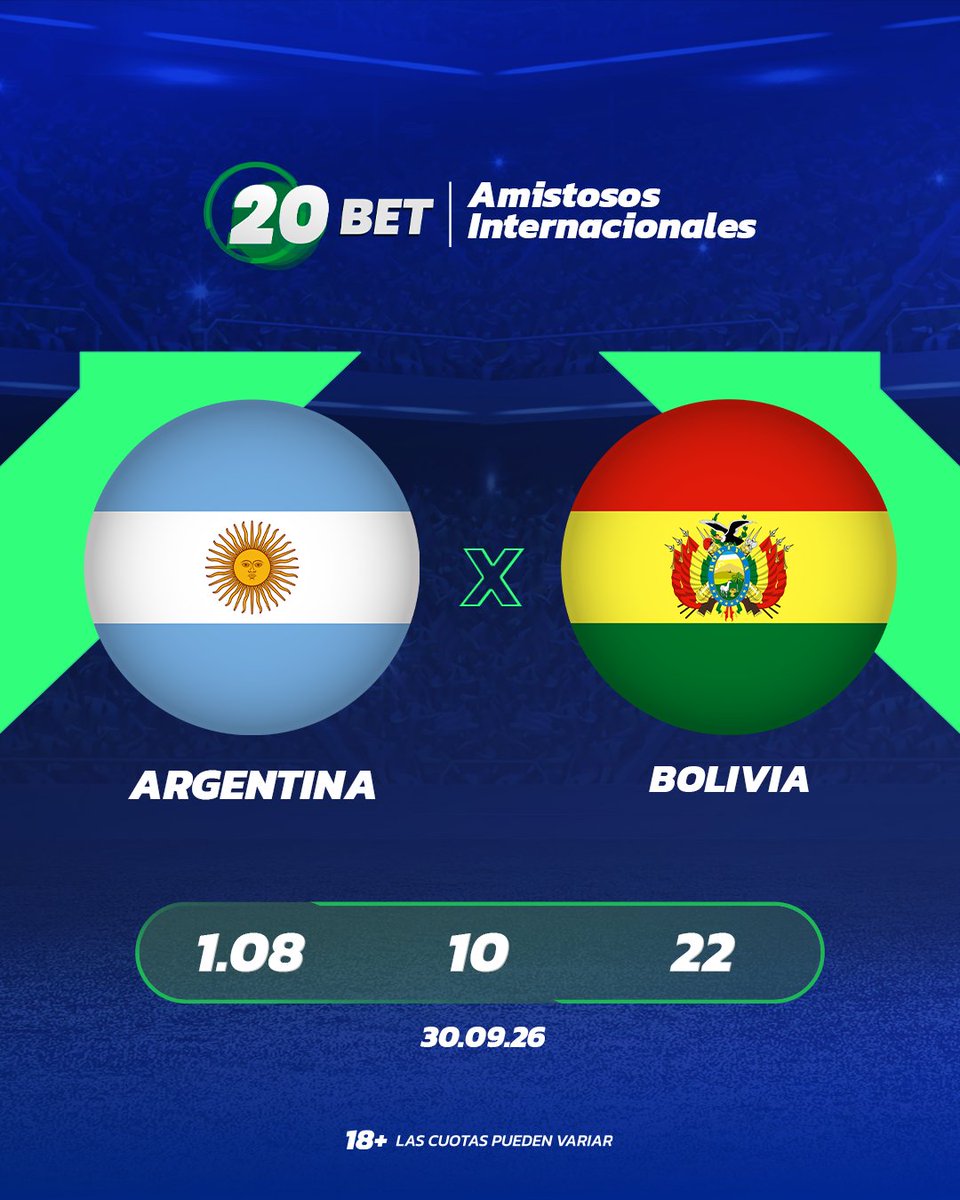 22betlatam's tweet photo. 🔥⚽ ¡MIÉRCOLES DE AMISTOSOS INTERNACIONALES! 💥🏆

🇦🇷 Argentina 🆚 Bolivia 🇧🇴

⚽🔥 ¡Dos selecciones frente a frente y toda la pasión del FÚTBOL sudamericano! 💪💥
👉 Más partidos en nuestra página.

#AmistososInternacionales #Argentina #Bolivia #Futbol #PasionFutbolera #20BET https://t.co/Sp0lny7Yrm