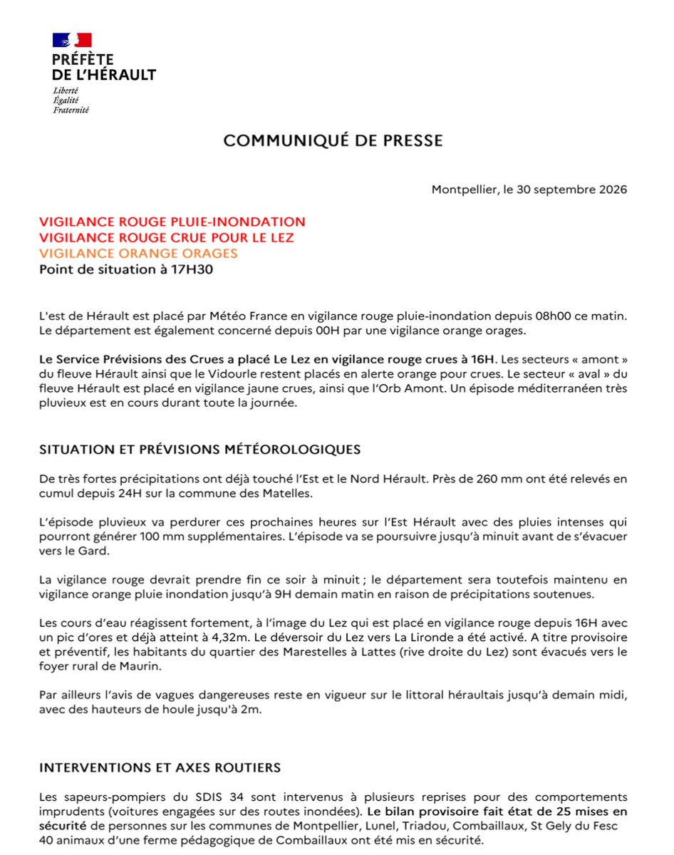 Prefet34's tweet photo. 🔴Vigilance rouge à l’Est de l’#Hérault , pluie-inondation

🔴 Vigilance rouge crues pour le Lez depuis 16h

🟠Vigilance orange orages et crues 

Point de situation : 

L’épisode pluvieux va perdurer ces prochaines heures sur l’Est Hérault avec des pluies intenses qui pourront générer 100 mm supplémentaires. L’épisode va se poursuivre jusqu’à minuit avant de s’évacuer vers le Gard.

La vigilance rouge devrait prendre fin ce soir à minuit ; le département sera toutefois maintenu en vigilance orange pluie inondation jusqu’à 9H demain matin en raison de précipitations soutenues.

Les établissements scolaires seront rouverts demain jeudi 1er octobre et les transports scolaires seront assurés dans l’ensemble du territoire.

Les consignes délivrées par les autorités dans les médias ou sur les comptes officiels (réseaux sociaux @prefet34) doivent être suivies et les bons réflexes connus de tous. 

Plus d’informations dans le CP ⤵️