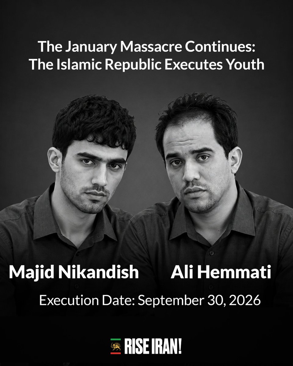 PahlaviComms's tweet photo. The state murder of Majid Nikandish and Ali Hemmati, two young men arrested on January 8, 2026, in Mashhad, is yet another reminder of the Islamic Republic’s brutality against the Iranian people.

These systematic atrocities expose the regime’s terror of the next wave of popular uprising, an inevitable surge no execution can stop.
So long as the Islamic Republic remains in power, innocent lives will continue to be stolen through sham trials and fabricated charges. The world must not look away. We urge democratic nations, human rights organizations, and conscience-driven people everywhere to stand with the Iranian people and help end political executions in Iran.

#LastBreath