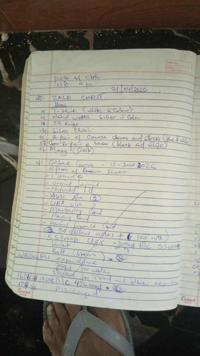 HEBobiwine's tweet photo. Thanks to Lt. Mabonga Herbert Matanda, we now have copies of documents detailing entries of Ugandans and non-Ugandans at the torture chamber located at Abayita Ababiri, along Entebbe  Road. As you can see, the entries show some of the people who were abducted and attracted considerable uproar, but it also includes many people who most of us don't know about. 

The documents detail the booking into the 'safe house' of Rwangomani Amos (Hon. Kahinda Otafiire brother), Mugumya Sam, Bob Njagi and Oyoo Nicholas (our Kenyan brothers), Asiku Raymond, Father Ssekabira Deusdedit, Ssebuwufu John Mary, Muhumuza Bright, Deputy President Lina Zedriga, Deputy President Jolly Jacklyn Tukamushaba, Fauzia Natabi (comrade Najja Sherif's wife), Gideon Tugume, Naziwa Agathar aka Blue Tick, Hon. Miria Matembe, Zale Christopher, Deputy President Muwanga Kivumbi, etc. 

Comrades, what just happened is evidence that we're on the course to victory. Who knew that the people of Uganda would have a sneak peek into one of the torture chambers operated by Museveni and his criminal son?!