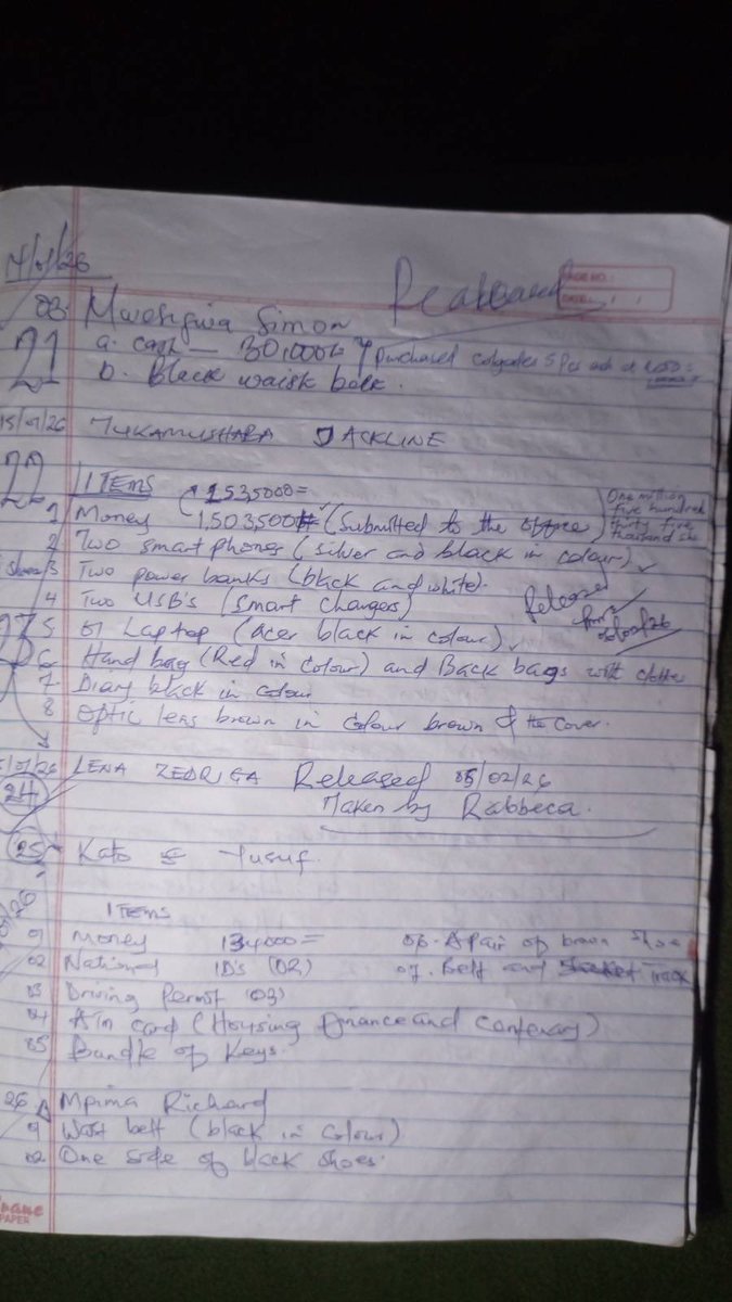 HEBobiwine's tweet photo. Thanks to Lt. Mabonga Herbert Matanda, we now have copies of documents detailing entries of Ugandans and non-Ugandans at the torture chamber located at Abayita Ababiri, along Entebbe  Road. As you can see, the entries show some of the people who were abducted and attracted considerable uproar, but it also includes many people who most of us don't know about. 

The documents detail the booking into the 'safe house' of Rwangomani Amos (Hon. Kahinda Otafiire brother), Mugumya Sam, Bob Njagi and Oyoo Nicholas (our Kenyan brothers), Asiku Raymond, Father Ssekabira Deusdedit, Ssebuwufu John Mary, Muhumuza Bright, Deputy President Lina Zedriga, Deputy President Jolly Jacklyn Tukamushaba, Fauzia Natabi (comrade Najja Sherif's wife), Gideon Tugume, Naziwa Agathar aka Blue Tick, Hon. Miria Matembe, Zale Christopher, Deputy President Muwanga Kivumbi, etc. 

Comrades, what just happened is evidence that we're on the course to victory. Who knew that the people of Uganda would have a sneak peek into one of the torture chambers operated by Museveni and his criminal son?!