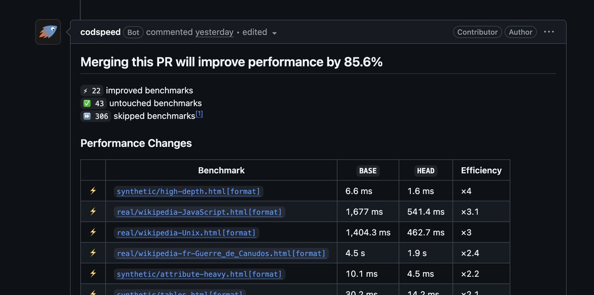 codspeed's tweet photo. The optimization agent got started crunching performance with biome! Here is an example optimization achieved fully autonomously. Many more to come! https://t.co/wyGrC1wleH