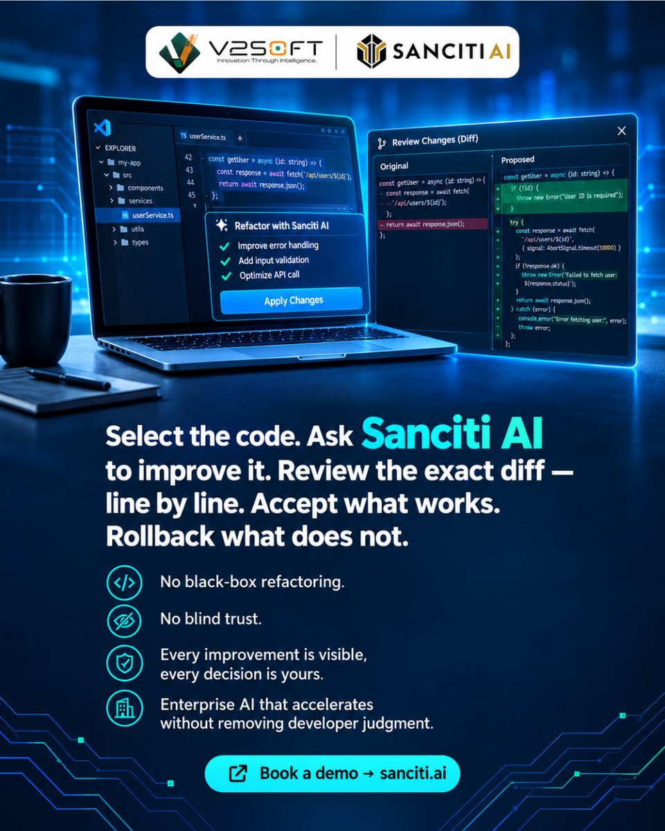 v2soft's tweet photo. The best engineering teams refactor with confidence. Confidence comes from visibility. #SancitiAI surfaces the exact diff for every refactoring suggestion. 
https://t.co/i3H1mi8M6a

#AgenticAI #CodeRefactoring #DeveloperProductivity #SDLCAutomation #DevTools #VSCode #IntelliJ https://t.co/0iREe349Vr