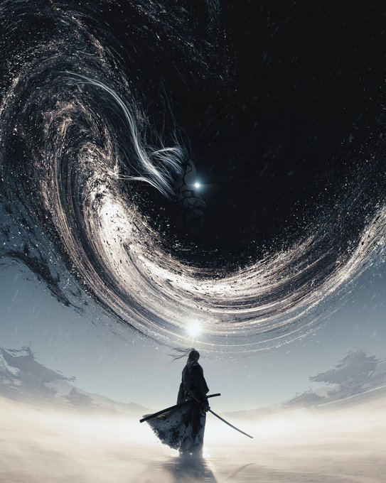 A fantasy digital artwork depicting a lone swordsman standing in a misty landscape, gazing up at a massive swirling cosmic vortex in the sky.