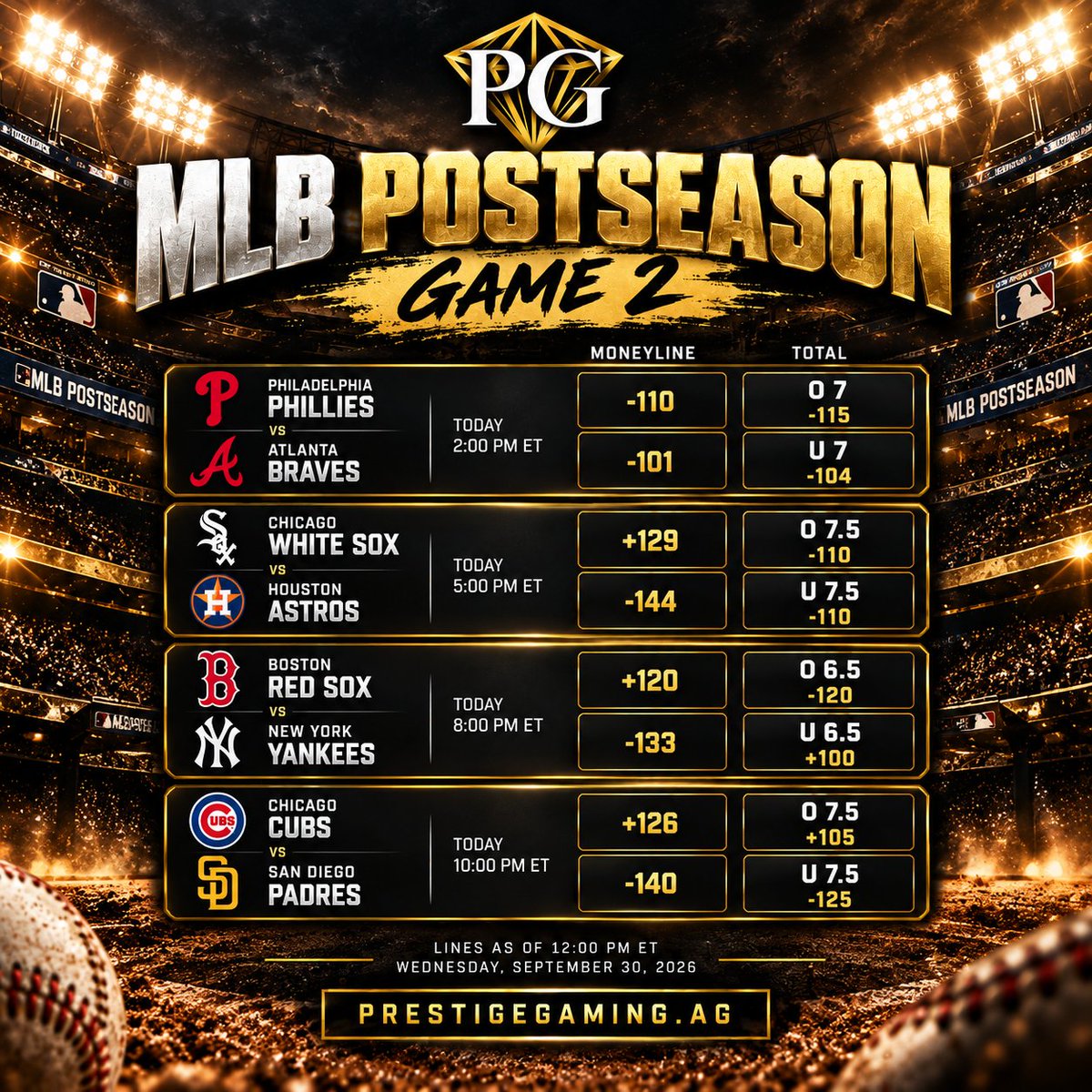 PlayPrestigeAG's tweet photo. MLB Postseason rolls on.

Game 2 lines are up at Prestige Gaming.
https://t.co/mH2vnOHjWk https://t.co/sTHigqVNpo