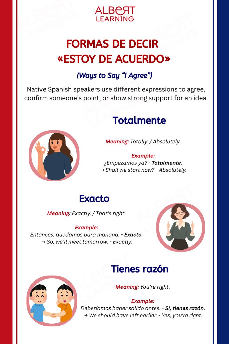 Albert_Learning's tweet photo. Agreeing in Spanish doesn’t always mean saying “sí”. These everyday expressions will help you sound more natural and confident in conversations.

Save this post and start using them in your next Spanish conversation! 💬✨

#LearnSpanish #SpanishVocabulary #SpanishExpressions https://t.co/z4iFi863TG