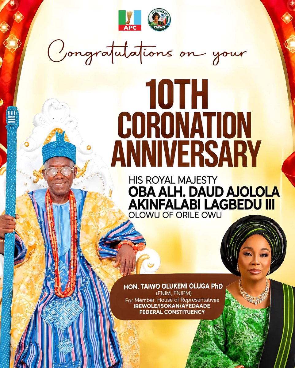 Oluga_MediaTeaM's tweet photo. Hon. Taiwo Olukemi Oluga, PhD, congratulates the Olowu of Orile Owu, HRM Oba Daud Ajolola Akinfalabi Lagbedu III, on his 10th Coronation Anniversary. 👑

Wishing Kabiyesi many more years of peace, wisdom and impactful reign.

__ OMT https://t.co/0TNNxlQHNO