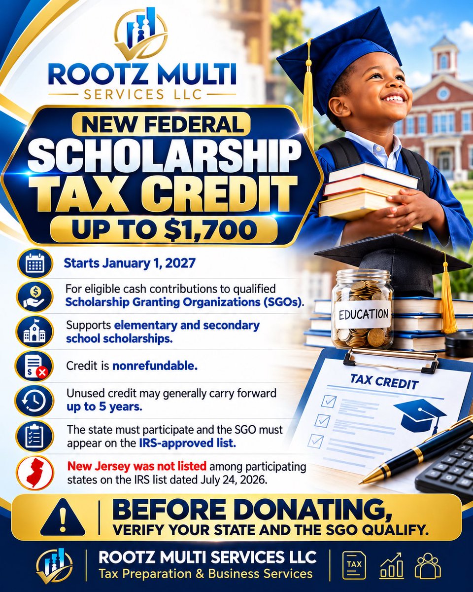 AlexisGuillard1's tweet photo. 💰 NOUVO FEDERAL SCHOLARSHIP TAX CREDIT — JISKA $1,700!

Apati 1ye janvye 2027, kèk kontribyab ka benefisye de yon nouvo federal tax credit jiska $1,700 lè yo fè yon kontribisyon lajan kach bay yon Scholarship Granting Organization (SGO) ki kalifye. https://t.co/3VQNhxvIWH
