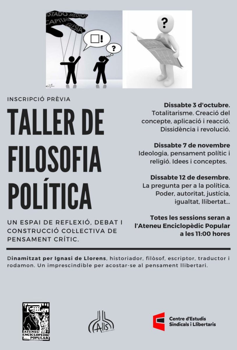 CentreEstudisSL's tweet photo. 📚 FILOSOFIA POLÍTICA
💭❓💬🔥 Tallers per qüestionar, debatre i construir pensament crític al voltant de conceptes com totalitarisme, ideologia, poder, autoritat, justícia, igualtat, llibertat ... https://t.co/vU4F8XLVfm