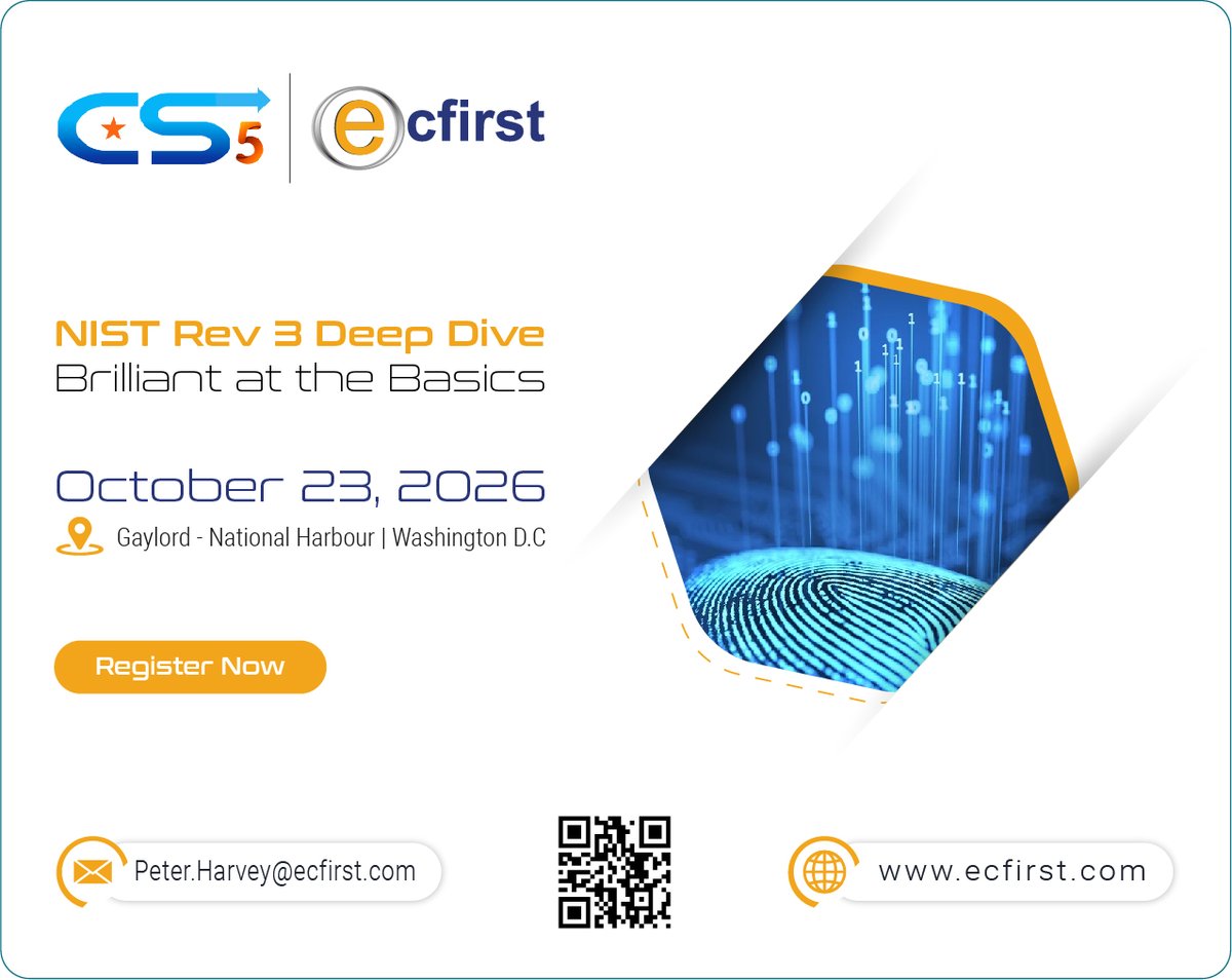 ecfirst's tweet photo. NIST 800-171 Rev 3 by the numbers: 110 → 97 requirements, ~320 → 445 objectives, ~56 ODPs 🔍 Get the operational breakdown with Ali Pabrai at #CS5East 📅 Oct 23 | Gaylord National
👉 https://t.co/7N2JuN70Qo
#CMMC #NIST #DIB https://t.co/SlX7YTiGvo