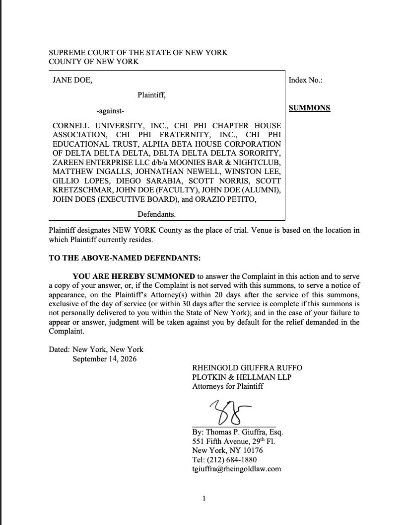 BridgetAyers's tweet photo. Cornell University - Two Very Different Accounts
Civil Complaint vs. 2024 Sworn Statement Summary

I read through the 101-page civil complaint because I wanted to compare Jane Doe’s allegations in the lawsuit with the account Tompkins County DA Matthew Van Houten summarized from her initial six-page sworn statement to Cornell University Police in November 2024.

They are substantially different.

The lawsuit names Cornell University, Chi Phi’s local and national organizations, Tri-Delta organizations, fraternity leadership and advisors, Moonies Bar & Nightclub, and the seven individual students.

Doe alleges she became heavily intoxicated at the Tri-Delta house, that the house mother observed her condition but nevertheless accompanied her to Moonies, and that Moonies served her at least one alcoholic drink despite her being marked as under 21.

She alleges she had consumed approximately 10 drinks within three hours by the time she arrived at Chi Phi.

From there, however, I think the clearest way to understand the differences is side by side.

CIVIL COMPLAINT vs. 2024 SWORN-STATEMENT SUMMARY

Her intoxication upon arriving at Chi Phi

Civil complaint: She was severely intoxicated and already incapable of consenting.

2024 statement: She described herself as approximately 5 or 6 out of 10 intoxicated.

—

The initial threesome

Civil complaint: Male 1 proposed a threesome while she was incapable of consenting, and the sexual activity occurred without her consent.

2024 statement: She said she agreed because she was attracted to Male 1 and, in her “drunken curiosity,” thought Male 1 and Male 2 wanting a threesome might mean they were gay.

—

How the first threesome ended

Civil complaint: Male 1 became sleepy and wanted to take a nap.

2024 statement: She noticed Male 1 becoming sleepy and losing his erection and told Male 2 they needed to stop to make sure Male 1 was okay. Male 2 stopped.

She then described caring for Male 2 when he became nauseated and checking on Male 1 while he slept.

—

Ketamine, marijuana and alcohol

Civil complaint: She was pressured, plied, commanded, and instructed to consume ketamine, marijuana and additional alcohol.

2024 statement: She described being handed an unopened beer, later being asked whether she wanted more ketamine and then instructed to take more. She acknowledged taking ketamine multiple times.

That doesn't necessarily resolve whether pressure or coercion occurred, but the descriptions are notably different.

—

The proposed foursome

Civil complaint: I found no corresponding account of this exchange.

2024 statement: Male 1 woke up and wanted to join the sexual activity as a foursome. She said, “Hell No,” because she understood that would require anal sex.

It did not happen.

—

Males 4–7 enter

Civil complaint: She hid beneath the covers, felt unable to leave because her phone was across the room, and describes the additional men entering an increasingly coercive situation.

2024 statement: She also described hiding beneath the covers. Male 7 said something rude, apologized and grabbed her face and kissed her. She pushed him away.

The men then complimented her appearance. Male 4 asked whether they could do ketamine from her body.

She responded, “Sure.”

—

How the larger group encounter ended

Civil complaint: Males 2, 3 and 5–7 eventually left.

2024 statement: Male 3 returned with another fraternity member who told everyone to get out.

That outside intervention appears in both narratives, although the surrounding descriptions differ.

—

The final threesome with Males 1 and 4

Civil complaint: She was brought to another room, instructed to take additional ketamine, became completely incapacitated and alleges oral and vaginal sex was forced upon her until approximately 5:45 a.m., after which she lost consciousness.

2024 statement: She remembered snorting more ketamine and described herself as approximately 8 out of 10 intoxicated. Male 1 proposed another threesome because he wanted “redemption” for earlier in the night.

She initially asked Male 1, “What happened to just you and me?”

She couldn't remember how the sexual activity began but remembered vaginal and oral sex occurring. At approximately 5:45 a.m., she said she was tired and needed to turn in.

According to the statement summary, both men stopped the threesome at that point, as far as she could remember.

There are also important similarities

Both accounts contain conduct that Doe describes as unwanted.

She described Male 2 repeatedly reaching toward her vagina while they were kissing and her swatting his hand away.

She described Male 7 kissing her without permission and her pushing him away.

She also could not remember how the final threesome with Males 1 and 4 began.

I don't see an allegation that Males 5, 6 or 7 had intercourse with her. That matters when this is routinely described online as “seven men raped her for seven hours.”

Then there are the texts

Neither account, as presented here, includes the subsequent text exchange with Male 1 that has now been publicly reported.

In those messages, Doe reportedly said her memory was “super clouded,” acknowledged that everyone had been intoxicated, said “none of the sexual stuff was illegal,” said she enjoyed being with Male 1 and another man, and later suggested they smoke together again — just without the ketamine and the “extra 5 billion men.”

Male 1's messages matter too. He reportedly described his own memory as “kinda fuzzy” and expressed regret that they were too intoxicated to shut everything down and kick people out before it got “way out of hand.”

So which account is accurate?

Doe's complete six-page sworn statement isn't public. What has been released is the DA's summary of portions he considered legally significant. We don't have the complete two-day police interview or the entire investigative file. And we haven't heard the accounts of all seven men.

The civil complaint contains allegations, not findings of fact.

But there are material differences between the account attributed to Doe shortly after the incident and the allegations made in the civil complaint nearly two years later.

If the litigation proceeds, the sworn statement, complete campus police interview, contemporaneous text messages and other evidence could become extremely important, particularly if the defense argues that her later allegations materially differ from what she said closer in time to the events.

That's why I keep saying there is more to this story than the headline “seven men raped a woman for seven hours.”

The evidence we've seen so far tells a considerably more complicated story.