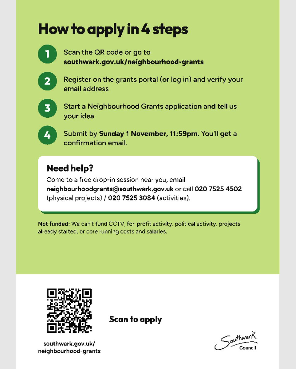 IRotherhithe's tweet photo. 5 Oct Neighbourhood Grants open
Free help available at drop-in sessions⬇️
Thurs 8 Oct 7pm (online)
Monday 12 Oct 2–4pm @lb_southwark  132 Queen's Rd SE15 2HP
Thursday 15 Oct 2–4pm Swk Council 160 Tooley St SE1 2QH
Please register to attend
📧 neighbourhoodgrants@southwark.gov.uk https://t.co/evbaIT8zu5