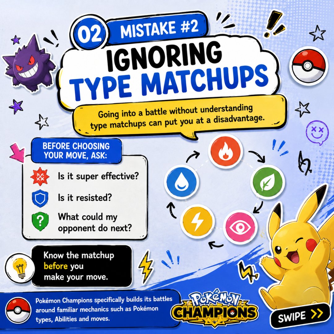 ReikoPorstzgt's tweet photo. Stop spamming damage moves and getting swept in Pokémon Champions. A team of favorites means nothing if basic type matchups counter your entire roster within three turns. Build synergy, cover weaknesses, predict switches, and pivot wisely. Battle https://t.co/RZlwLsNTtu