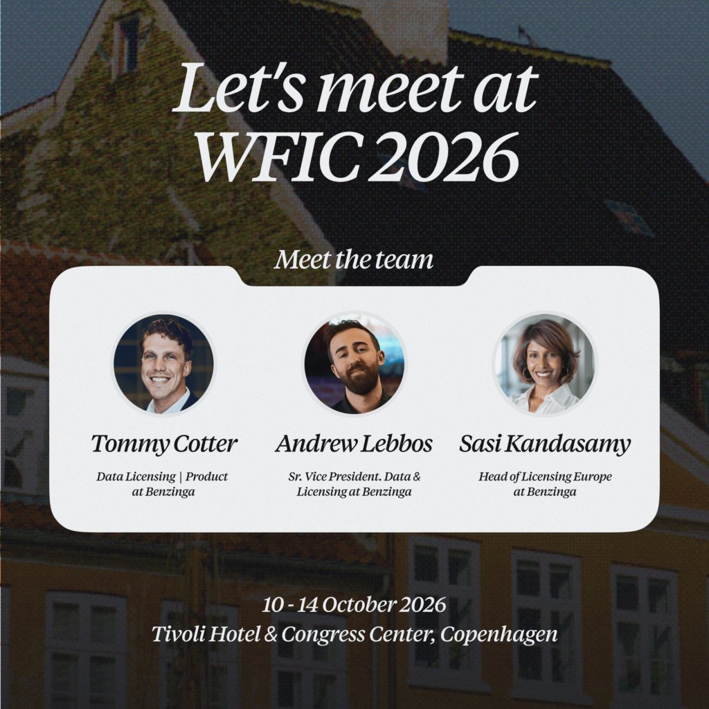 BenzingaAPIs's tweet photo. Benzinga will be at WFIC 2026 in Copenhagen, October 10 to 14! 

We're excited to meet the people shaping the future of financial data.

If you're attending, we'd love to connect. https://t.co/AkJUQ5cxfL