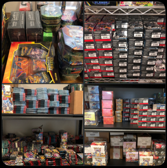 A collage of shelves stocked with Pokémon Trading Card Game products, including booster packs, boxes, and Elite Trainer Boxes.