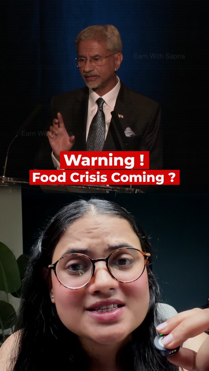 A split image shows a man in a suit and glasses at a podium above a text banner reading "Warning! Food Crisis Coming?", with a woman wearing round tortoiseshell glasses speaking into a microphone below, visually supporting the post's warning about an impending global food crisis.