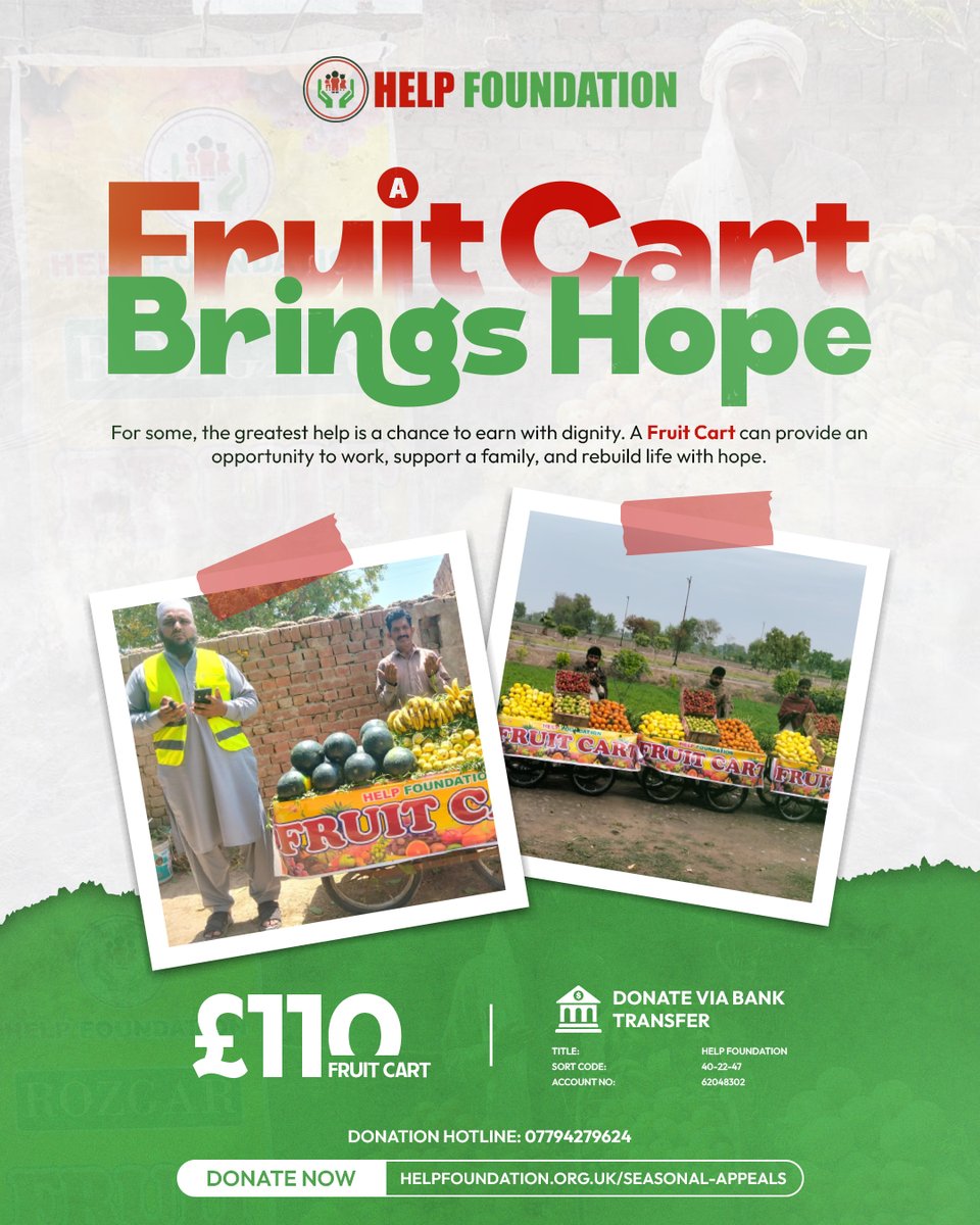 HelpTheHumunity's tweet photo. A fruit cart is more than a source of income. For someone struggling, it can become a fresh start and a way to earn with dignity.

£110 provides one.

https://t.co/O79OESWjWS

#MyHelpFoundation #Sadaqah https://t.co/oZ4ppCWuVE